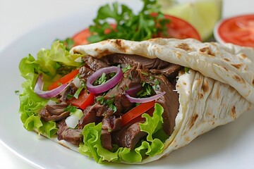 Savory Grilled Meat and Fresh Vegetables Wrapped in Flatbread: A Delicious and Healthy Mediterranean-Style Meal, Perfect for a Quick Lunch or Dinner.