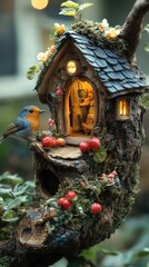 Fototapeta premium Bird sits on a whimsical treehouse. Light inside, with flowers and bright berries.