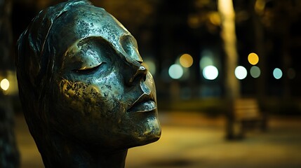 Bronze Sculpture Head Peaceful Nighttime Setting