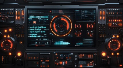 Obraz premium Futuristic Control Panel with Illuminated Buttons and Digital Displays interface technology