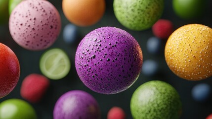 Colorful Floating Fruits and Berries with Texture on Dark Background