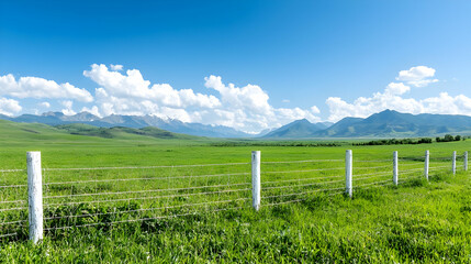 Fototapeta premium Green pasture, mountain backdrop, fence, sunny day, pastoral scene