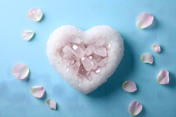 Obraz premium Heart-Shaped Salt Crystal Arrangement with Pink Petals on Blue Surface