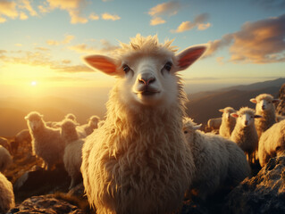 Obraz premium Curious Young Lamb Portrait Majestic Against Mountain Sunset Vista
