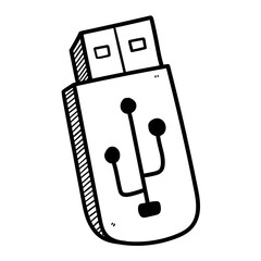 Hand drawn doodle usb flash drive on white background.