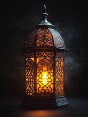 Fototapeta premium A glowing lantern with intricate patterns on its surface, a Ramadan Islamic concept against a black background,