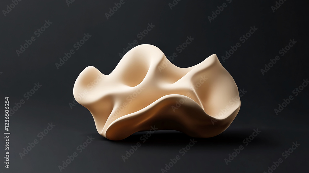 Aufkleber a 3d abstract fluid shape in light beige tones resembling soft organic curves, set against a dark ba