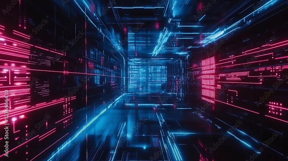 Poster futuristic digital tunnel with glowing blue and red lines creating a 3d effect