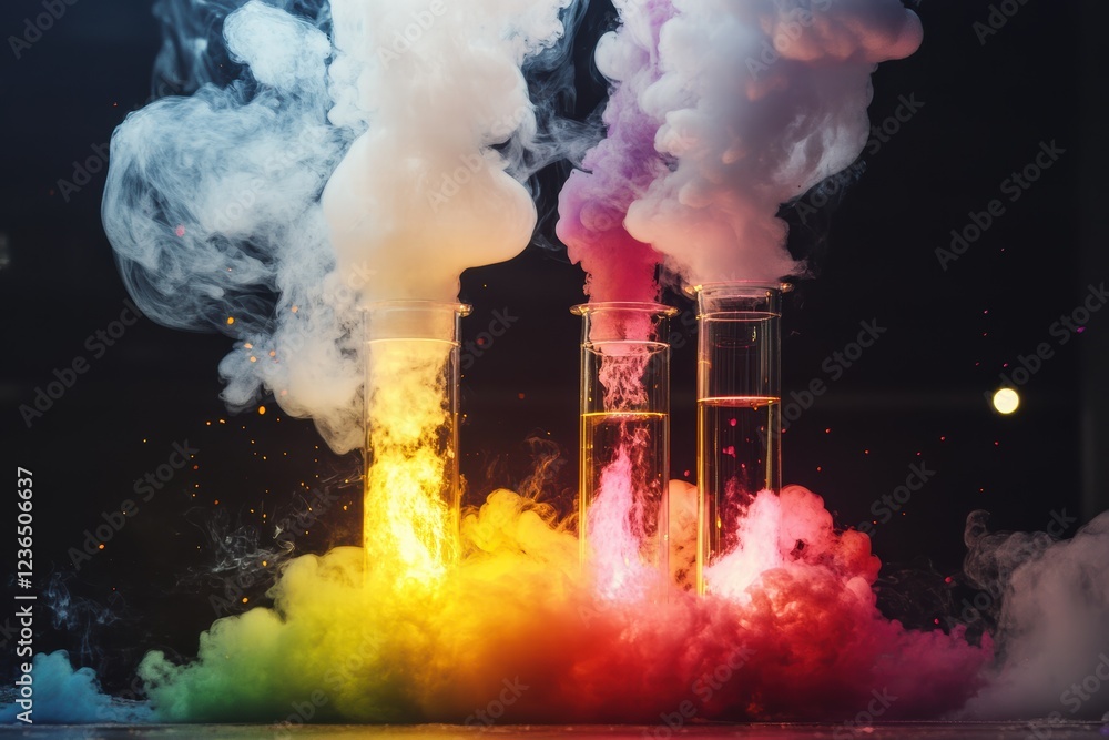 Poster exciting science experiment demonstrations with colorful smoke effects at a discovery event