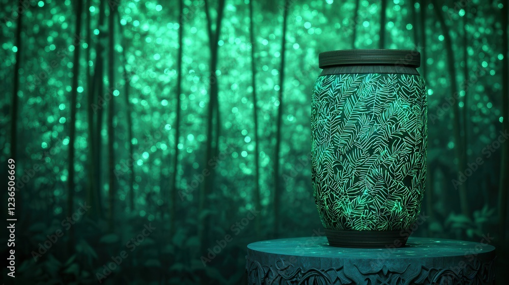 Poster decorative jar with leaf patterns in mystical green forest setting