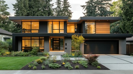 Modern house, night exterior, suburban setting, landscaping, real estate