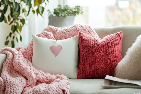 Cozy Living Room with Soft Pillows and Warm Throw Blanket on Elegant Sofa