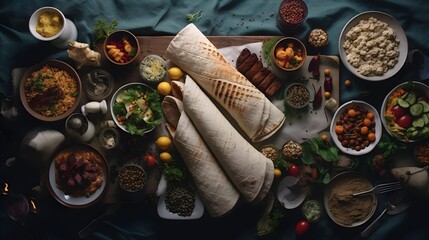 A Culinary Journey: Exploring Diverse Dishes with Flatbreads, Salads, and Grains, Showcasing Vibrant Colors and Textures of a Global Feast, Featuring an Array of Delicious and Nutritious Options