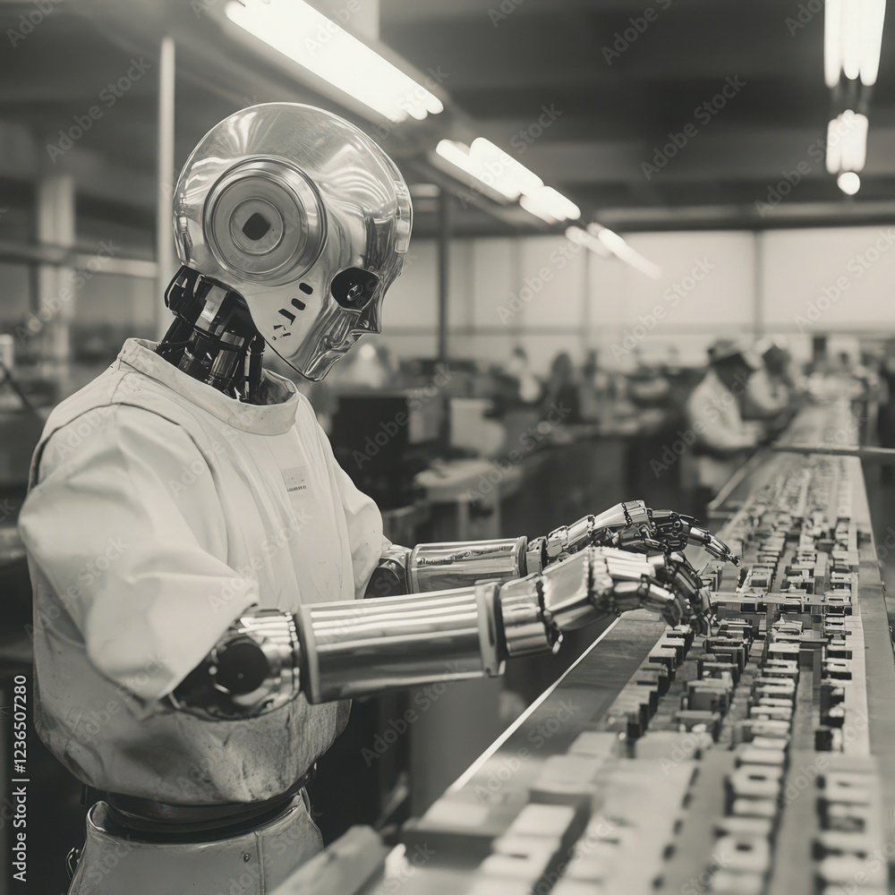 Poster monochrome depiction of a robot working meticulously in a vintage factory setting