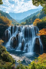 Serene waterfall cascades over rocks surrounded by vibrant autumn foliage in mountain landscape
