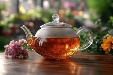 Delicate glass teapot filled with warm tea resting on a wooden table surrounded by vibrant flowers