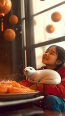 A joyful child cuddling a friendly seal in a warmly-lit indoor environment, representing the bond of love and happiness shared between humans and animals.