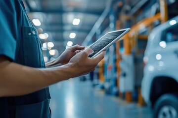 Worker Using Tablet Device in Modern Warehouse Environment with Industrial Equipment and Lighting