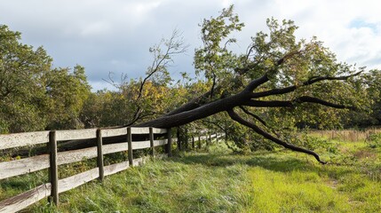 Fototapeta premium Fallen tree on fence after storm