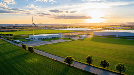 Fototapeta premium Aerial view of carbon neutral industrial facility sunset, surrounded by green fields and wind turbines, showcasing sustainable