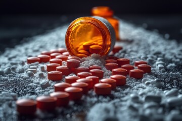 Impact of drug addiction on health and society reflected in scattered pills and substances