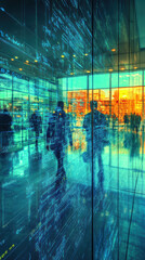 Obraz premium Digital reflections in modern office building with people walking. glass walls display abstract data patterns, creating futuristic atmosphere