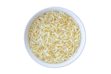 Instant noodles in white bowl on white background. Top view. Asian fast food. PNG