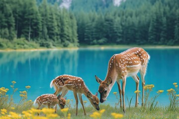 Deer grazing calmly by a beautiful turquoise lake surrounded by vibrant wildflowers