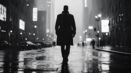 Man in Trench Coat Walking in City Rain at Night