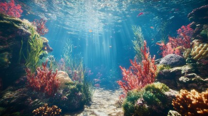 Fototapeta premium A beautiful underwater scene with coral reefs and sea plants, showcasing the natural beauty of marine life in its habitat. 