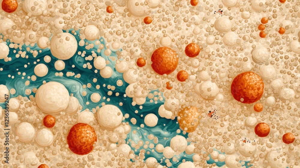 Poster abstract pattern of spheres and fluid dynamics in earthy tones