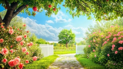 Naklejka premium Anniversary beauty picket path bloom day apple tree sky tree walkway outside plant colorful care gardening bush botany flower garden summer grass rose flower nature green vecto