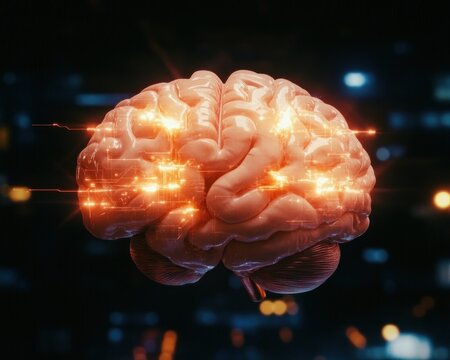 Explore an abstract illustration of artificial intelligence processing online test results, futuristic grading technology, showing a detailed brain diagram with interconnected data streams for - Powered by Adobe