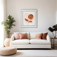 Modern Minimalist Living Room: A  stylish white sofa with blush and terracotta cushions, a  potted plant, and a framed abstract floral print.