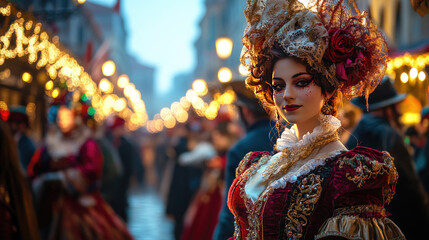 Fototapeta premium Portrait of a beautiful woman in a carnival costume on St. Mark's Square against the background of golden evening lights and carnival participants. Carnival in Venice