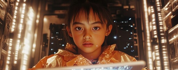 Explore the future of education with a Young student in a remote tutoring session, focused on a tablet, with a virtual tutor on the screen and digital notes floating in a futuristic learning