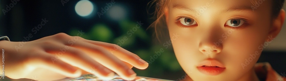 Poster explore the future of education with this captivating close-up of a students hands using a touch-sen