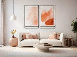 Modern Minimalist Living Room Interior: A minimalist living room with a white sofa, a round coffee table, and two abstract orange wall art pieces.  The room is accented with blush pink pillows.