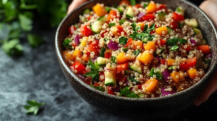 Close-up of a person preparing a quinoa salad with colorful vegetables, clean background with copy space.