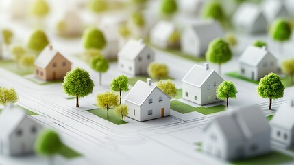 Model houses on blueprint,miniature houses surrounded by green trees,real estate development concept