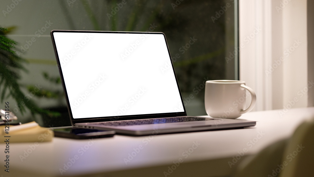 Poster workspace setup with a laptop and coffee mug, placed near a window offering a subtle view of greener