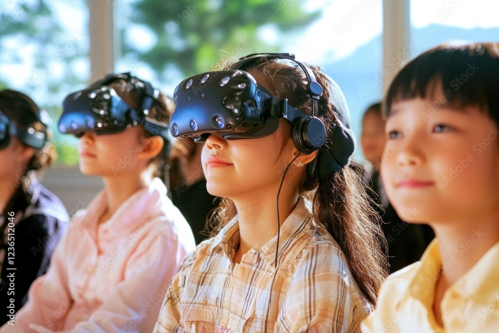 Poster explore the future of learning with virtual reality-based education, showcasing students using immer