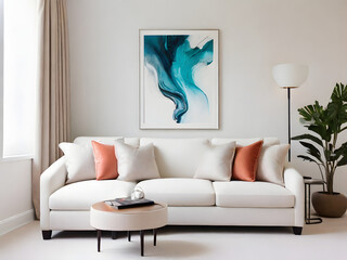 Contemporary Living Room: A stylish and minimalist living room featuring a plush white sofa, a round coffee table, a modern floor lamp, and a captivating abstract artwork in calming shades of blue.