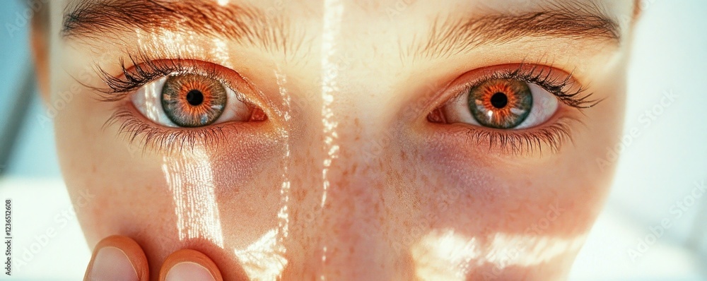 Poster futuristic close-up of human eyes, possibly in a high-tech exam center with biometric scanning for o