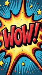 Fototapeta premium A vibrant comic book explosion bursts forth with the word WOW in striking red letters, surrounded by a dazzling yellow starburst. This eye-catching design radiates excitement and energy, perfect for