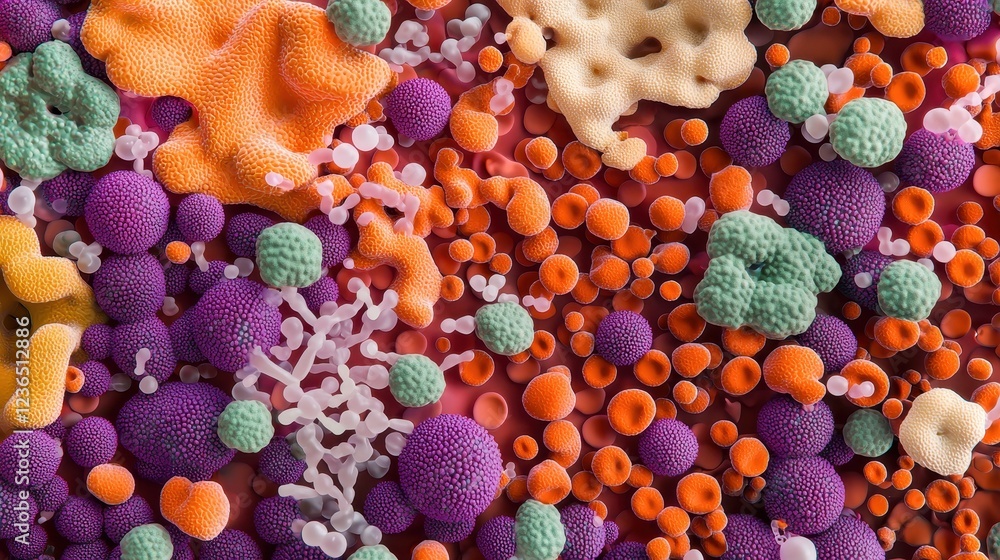 Poster abstract colorful microorganisms and structures in vibrant composition