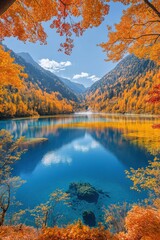 Obraz premium Stunning autumn landscape featuring vibrant foliage and serene lake reflections in the mountains