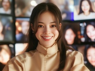 Revolutionizing Management Through Online Innovation Embrace the future of work, a digitally connected leader smiling confidently, presiding over her AI-powered remote team, utilizing cutting edge