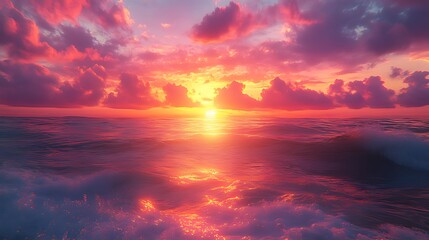 Fototapeta premium Vibrant sunset over a calm ocean with pink and orange clouds reflecting on the water.