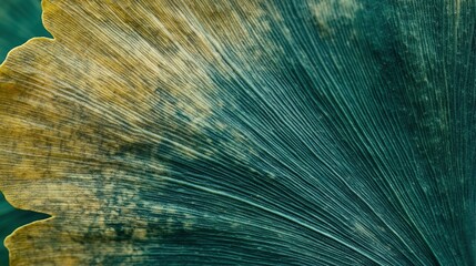 Obraz premium Aesthetic Close-Up of Ginkgo Biloba Leaf with Beautiful Texture Against Green Background. Highlighting the Natural Beauty and Medicinal Properties of the Plant.